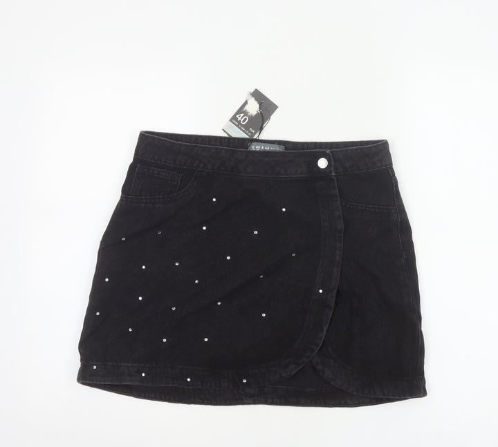 Primark Women's Black Denim Wrap Mini Skirt Size 12 Studded Casual