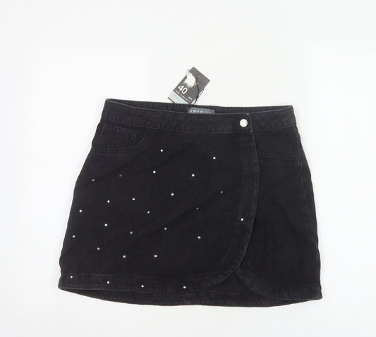 Primark Women's Black Denim Wrap Mini Skirt Size 12 Studded Casual