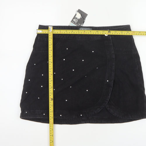 Primark Women's Black Denim Wrap Mini Skirt Size 12 Studded Casual