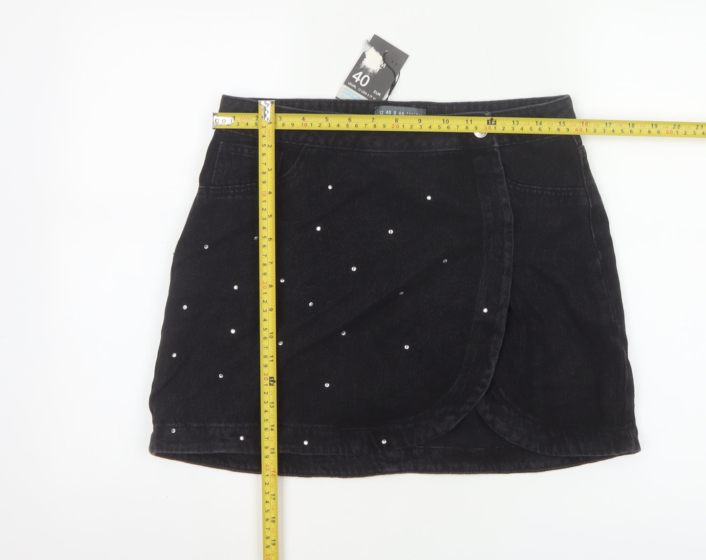 Primark Women's Black Denim Wrap Mini Skirt Size 12 Studded Casual