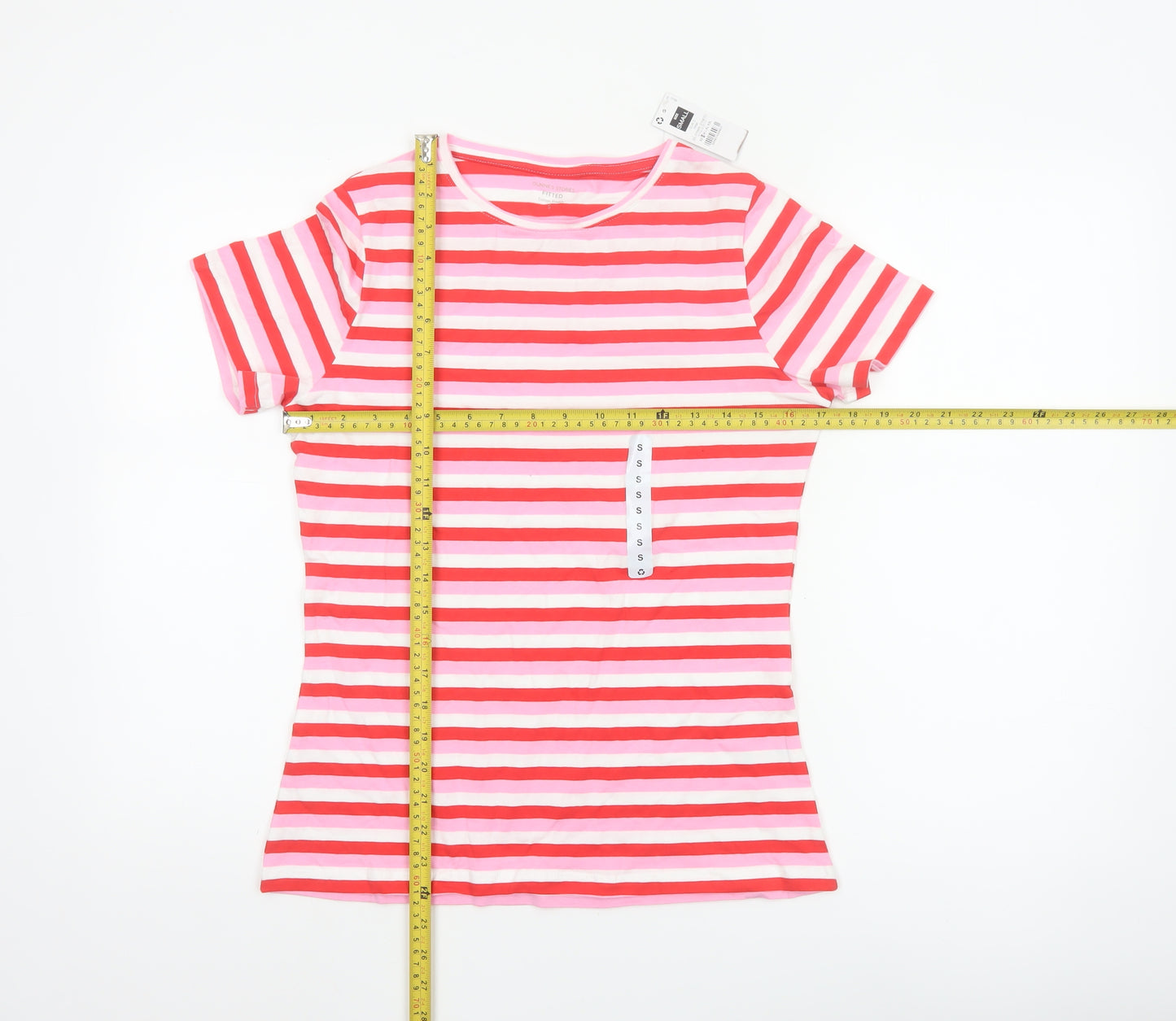Dunnes Stores Women Pink Striped Cotton T-Shirt Size S