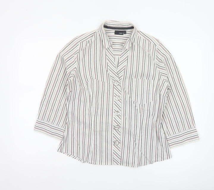 Next Women’s Grey White Striped Button-Up Blouse Size 14 Cotton Blend