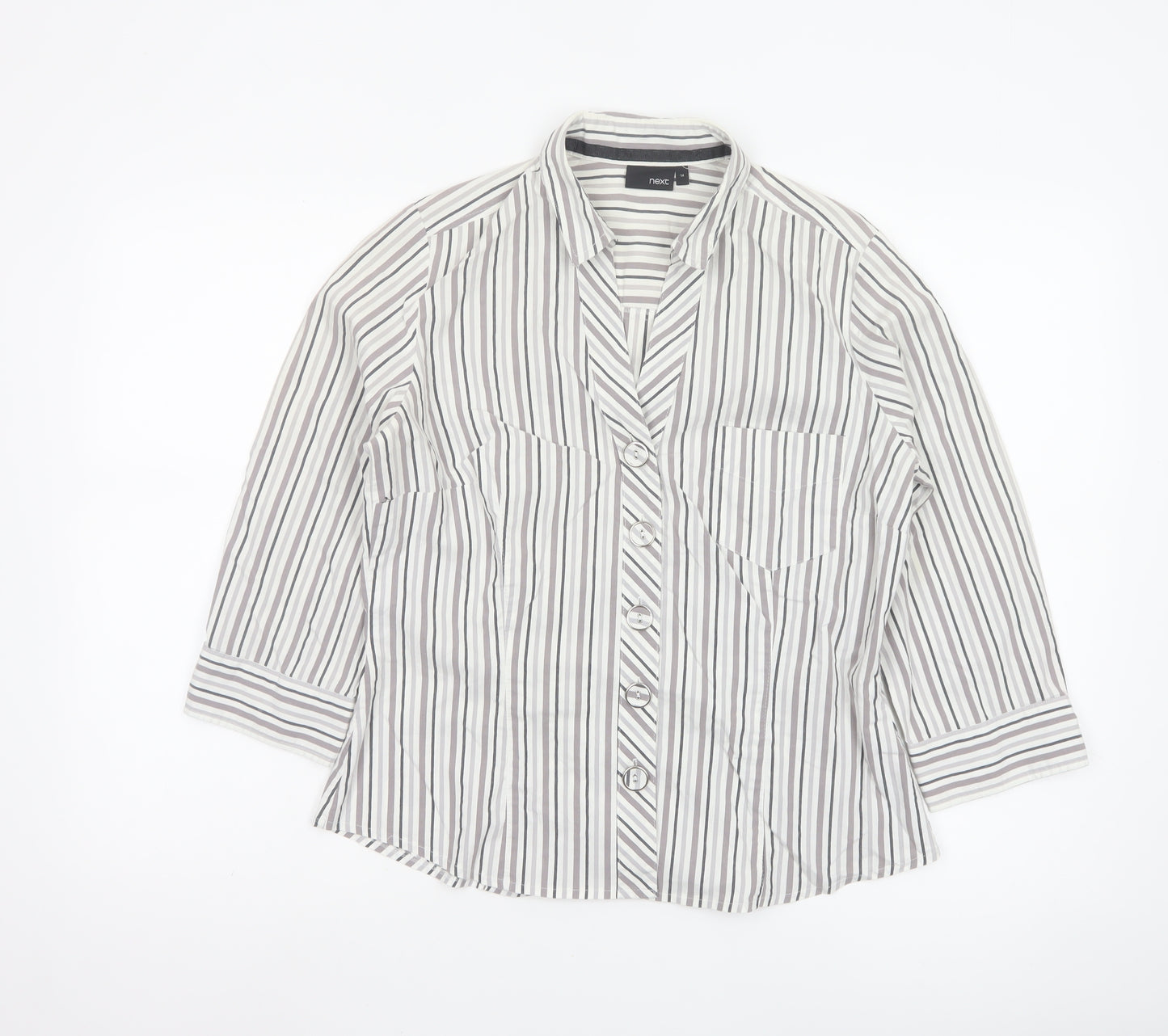 Next Women’s Grey White Striped Button-Up Blouse Size 14 Cotton Blend
