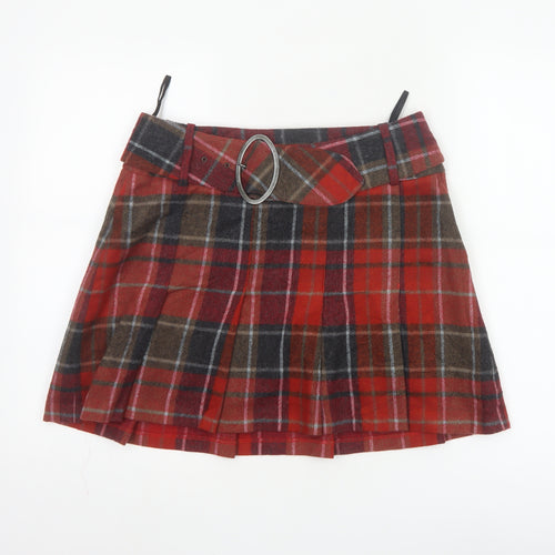 Next Women's Red Check Pleated Mini Skirt Size 12 Wool Blend