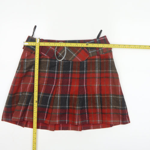 Next Women's Red Check Pleated Mini Skirt Size 12 Wool Blend