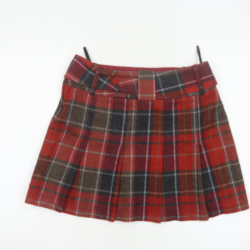 Next Women's Red Check Pleated Mini Skirt Size 12 Wool Blend