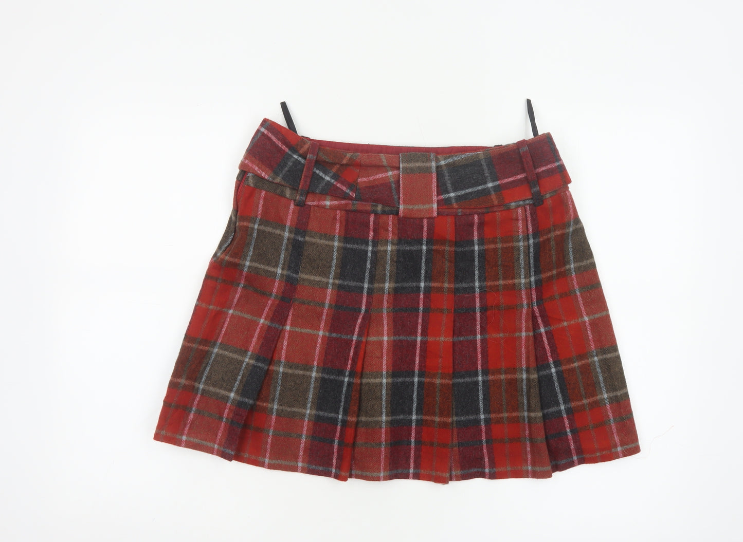Next Women's Red Check Pleated Mini Skirt Size 12 Wool Blend