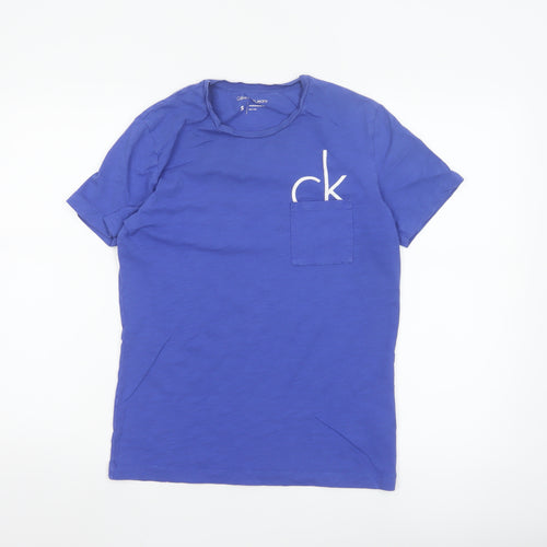 Calvin Klein Women Blue Cotton Logo T-Shirt Size S Short Sleeve