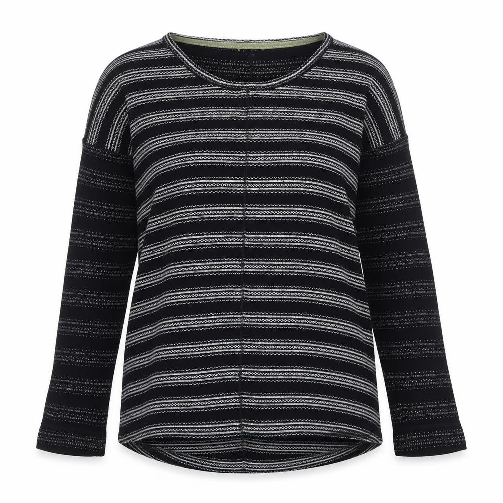 Front view of White Stuff Women's Black Striped Long Sleeve Jersey T-Shirt, size 10