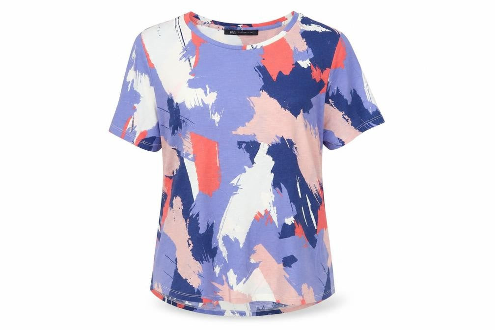 Front view of Marks & Spencer women’s multicoloured abstract short sleeve t-shirt, size UK 14