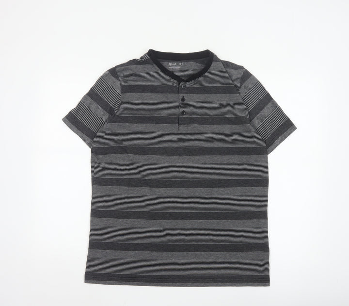Splash Men Grey Striped Henley Short Sleeve T-Shirt Size L