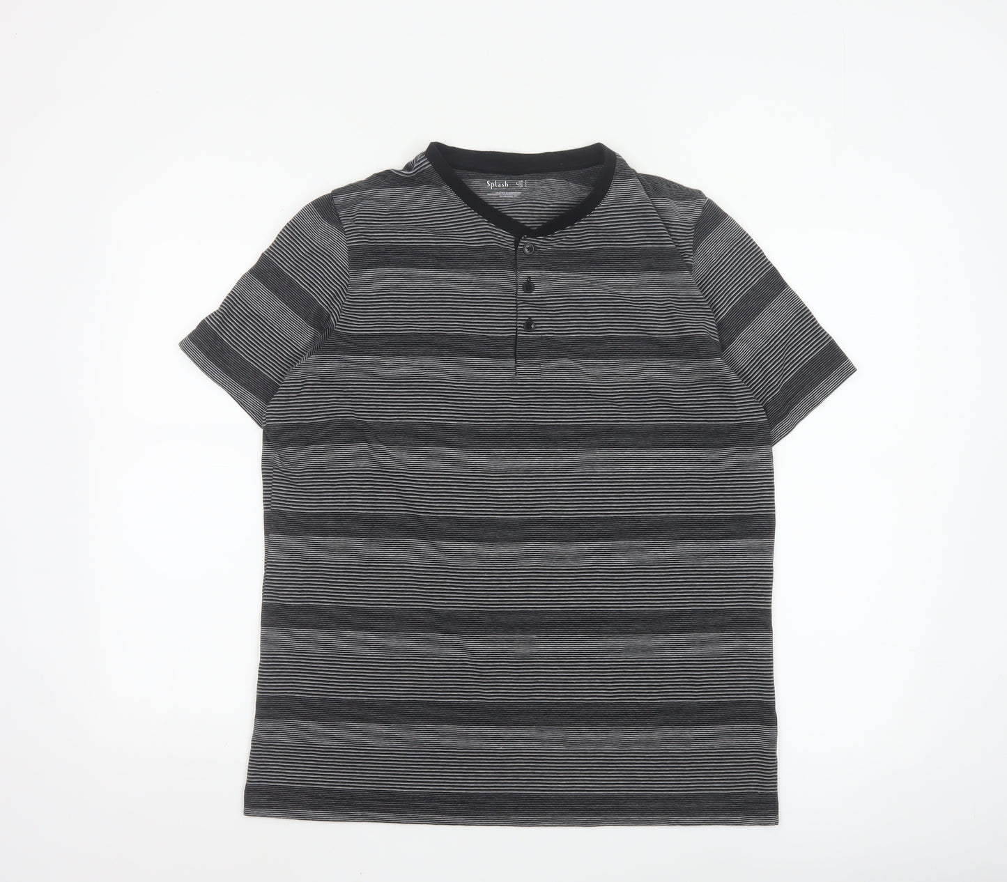 Splash Men Grey Striped Henley Short Sleeve T-Shirt Size L
