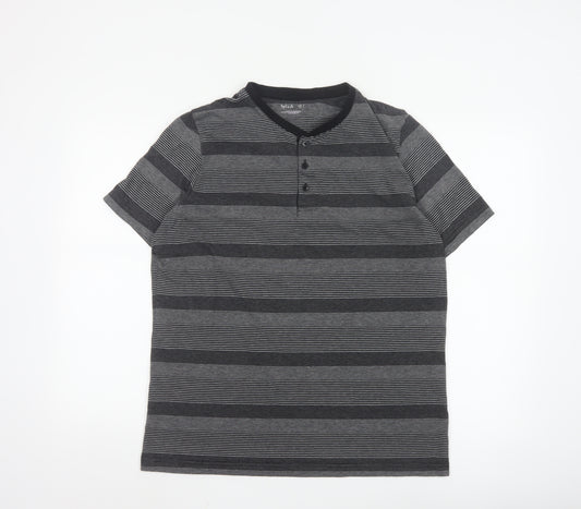 Splash Men Grey Striped Henley Short Sleeve T-Shirt Size L