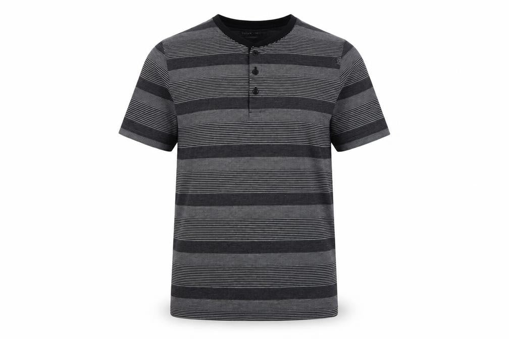 Front view of Splash Men Grey Striped Henley Short Sleeve T-Shirt, size L
