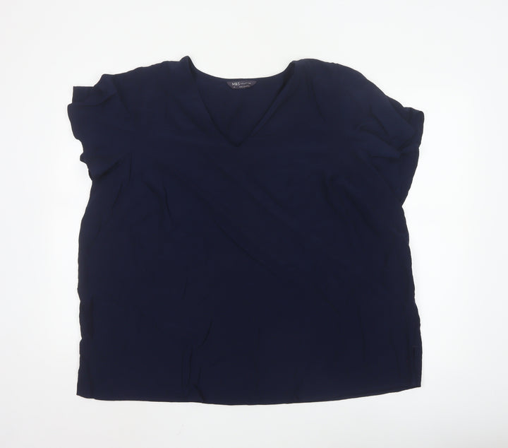 Marks and Spencer Women’s Blue Viscose Blouse Size 24 V-Neck Short Sleeve