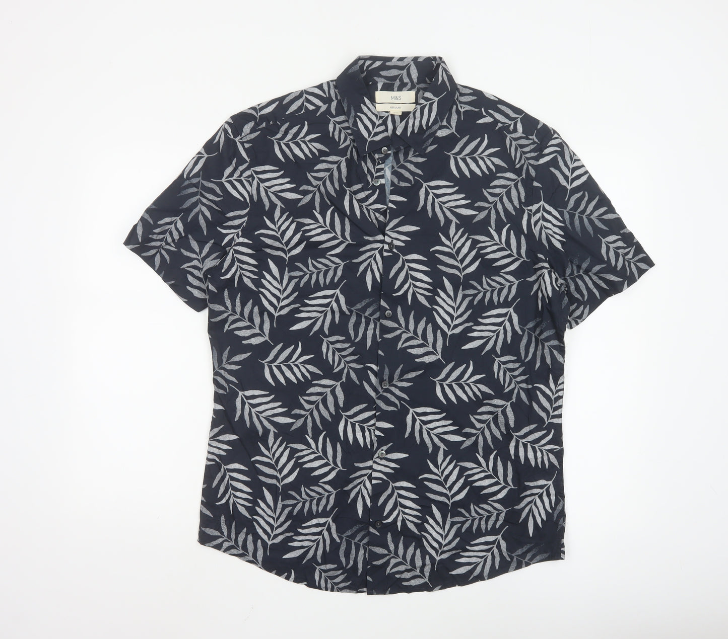 Marks and Spencer Men's Black Leaf Print Cotton Short Sleeve Shirt M