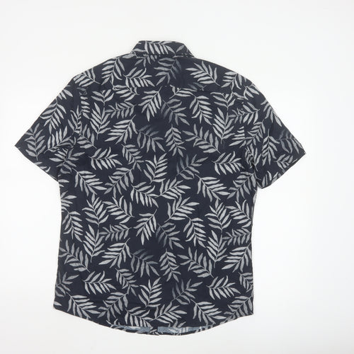 Marks and Spencer Men's Black Leaf Print Cotton Short Sleeve Shirt M