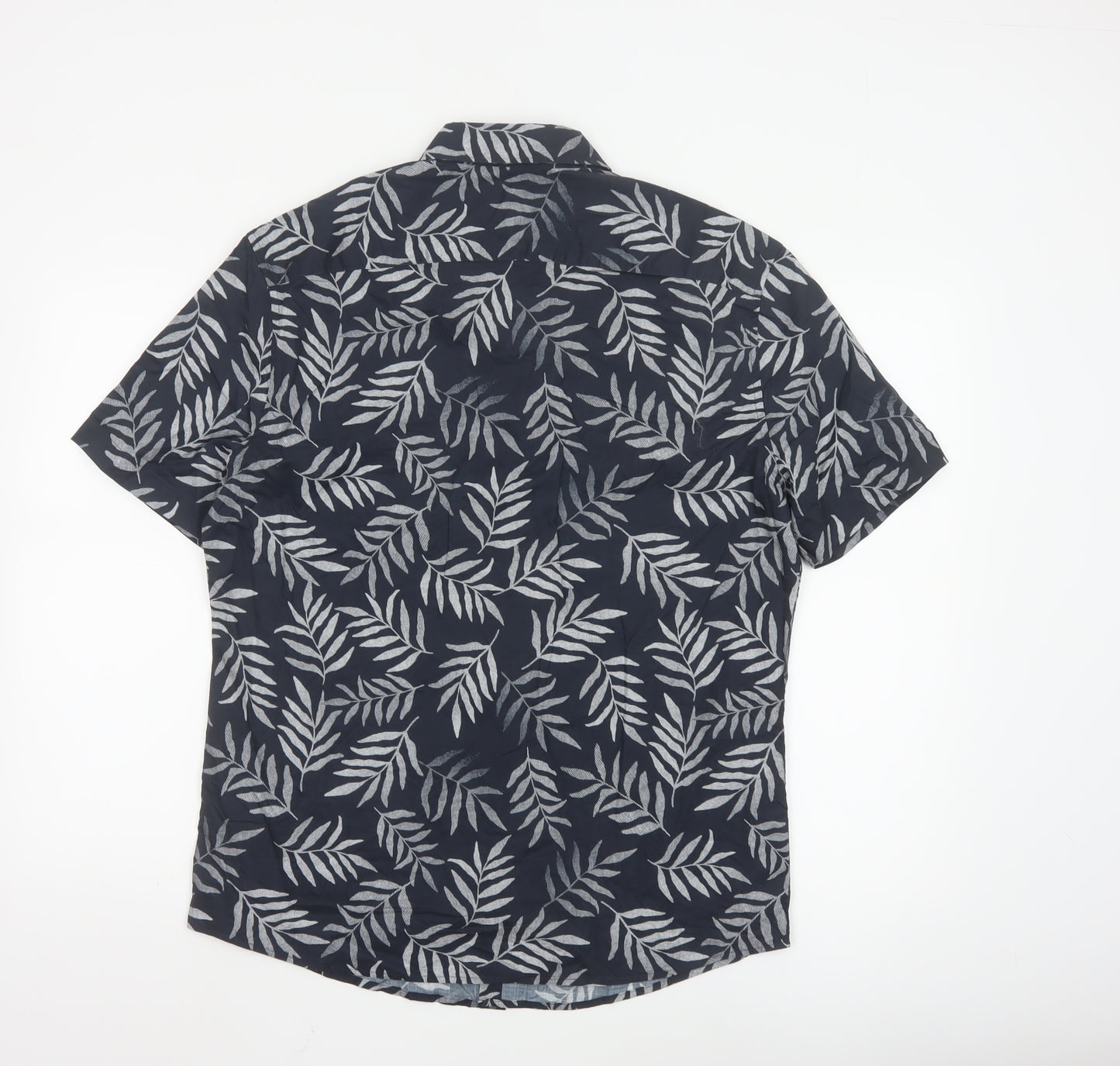 Marks and Spencer Men's Black Leaf Print Cotton Short Sleeve Shirt M