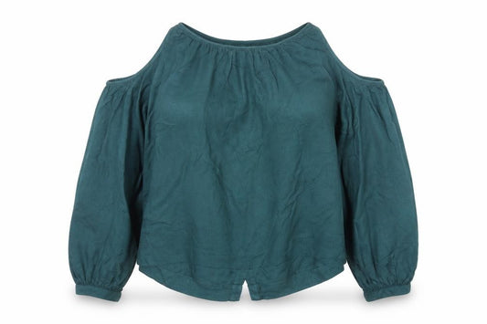 Front view of Vero Moda Women Green Off Shoulder Long Sleeve Blouse, size M