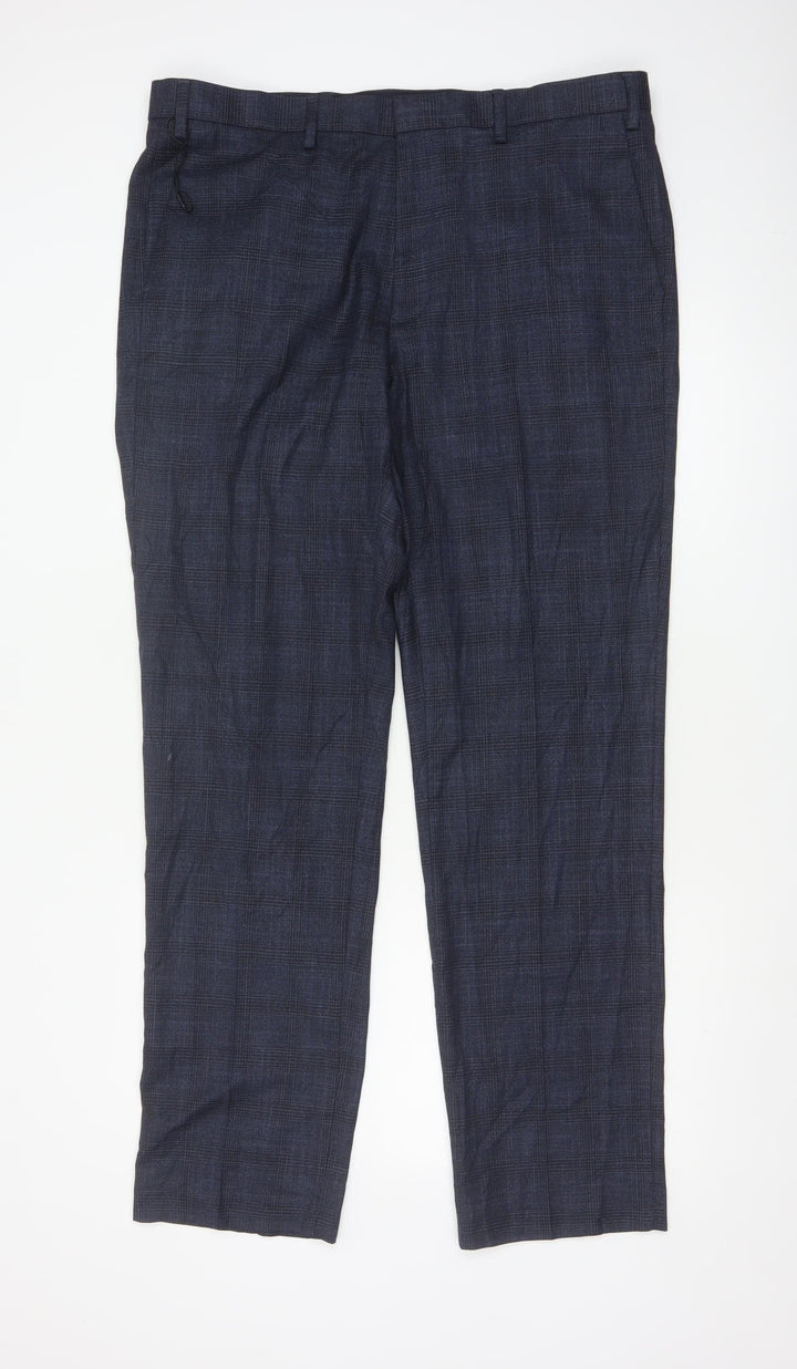 Marks and Spencer Men's Blue Check Regular Fit Trousers 38L