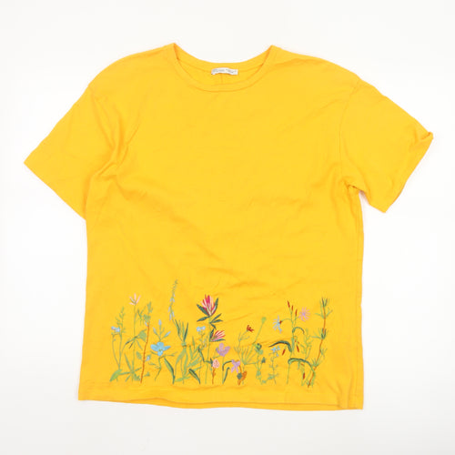 Zara Women Yellow Floral Embroidered Cotton T-Shirt Size 12