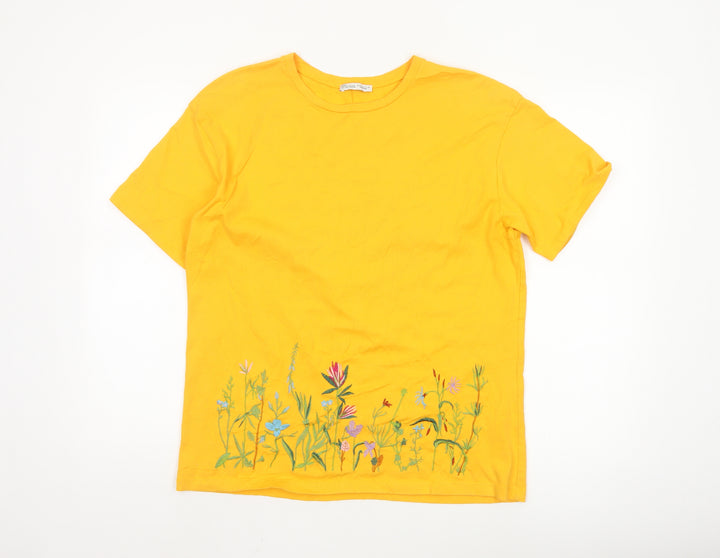 Zara Women Yellow Floral Embroidered Cotton T-Shirt Size 12