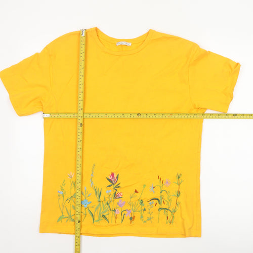 Zara Women Yellow Floral Embroidered Cotton T-Shirt Size 12