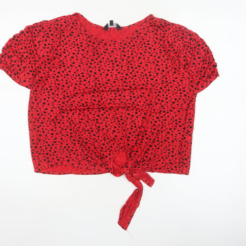 Peacocks Women's Red Polka Dot Cropped Tie Front T-Shirt Size 16