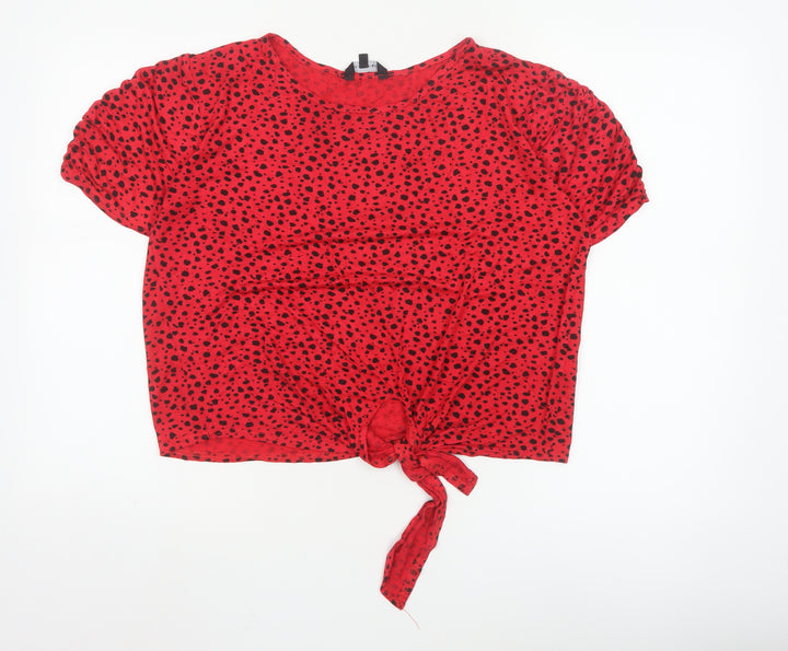 Peacocks Women's Red Polka Dot Cropped Tie Front T-Shirt Size 16