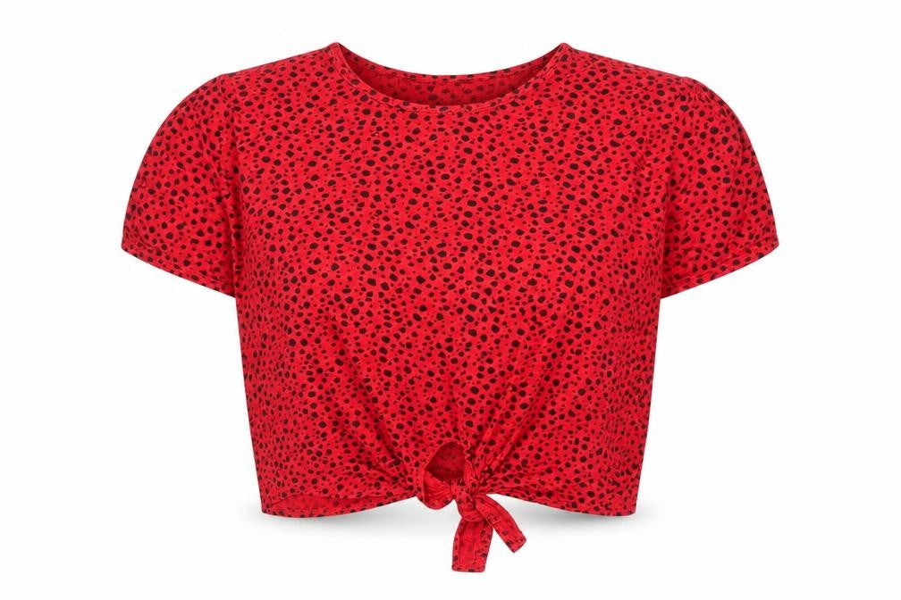 Front view of Peacocks Women's Red Polka Dot Cropped Tie Front T-Shirt, size 16