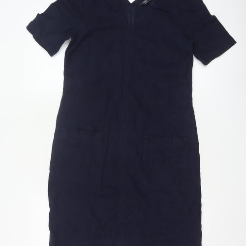Marks and Spencer Women's Navy V-Neck Linen Blend Shift Dress Size 6