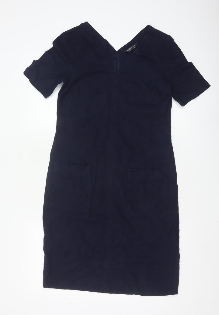 Marks and Spencer Women's Navy V-Neck Linen Blend Shift Dress Size 6
