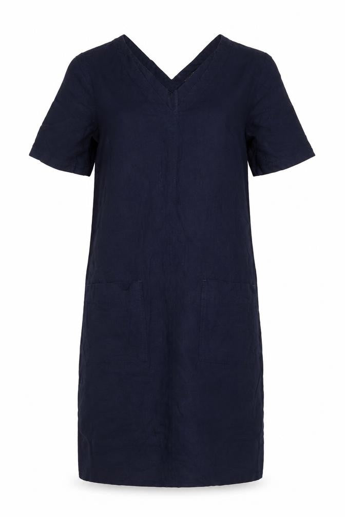 Front view of Marks & Spencer Women's Navy V-Neck Linen Blend Shift Dress, size 6