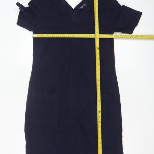 Marks and Spencer Women's Navy V-Neck Linen Blend Shift Dress Size 6