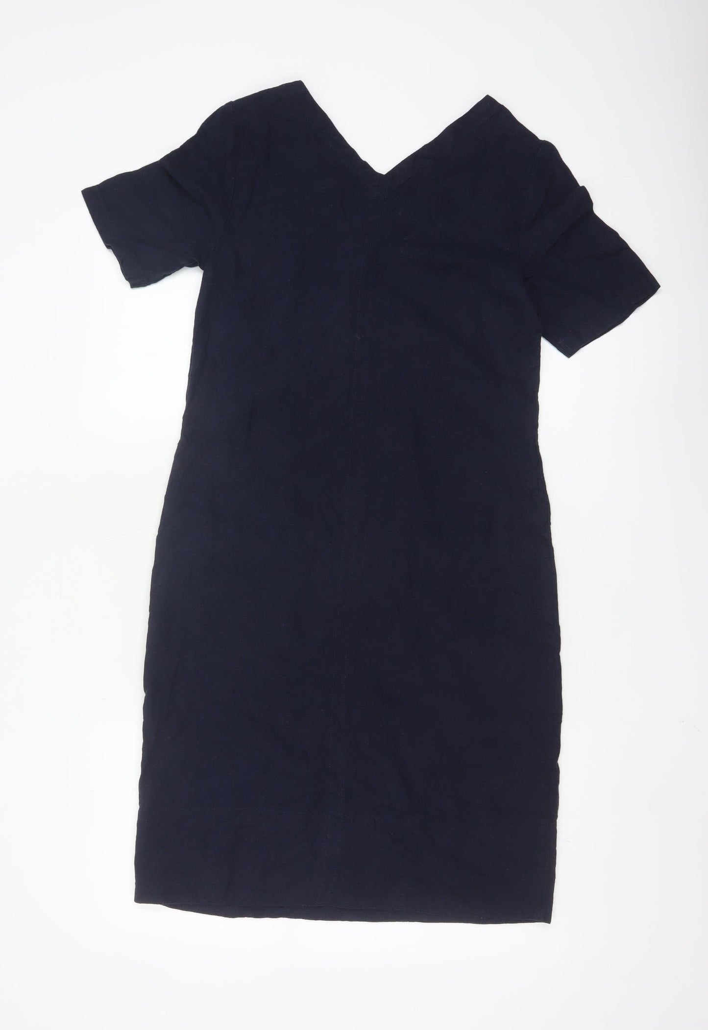 Marks and Spencer Women's Navy V-Neck Linen Blend Shift Dress Size 6