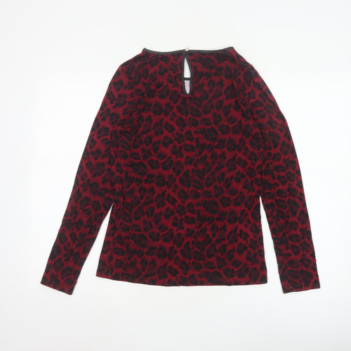 Oasis Women's Red Leopard Print Long Sleeve Jersey Blouse M
