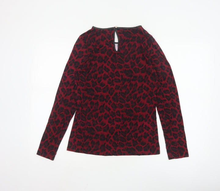 Oasis Women's Red Leopard Print Long Sleeve Jersey Blouse M