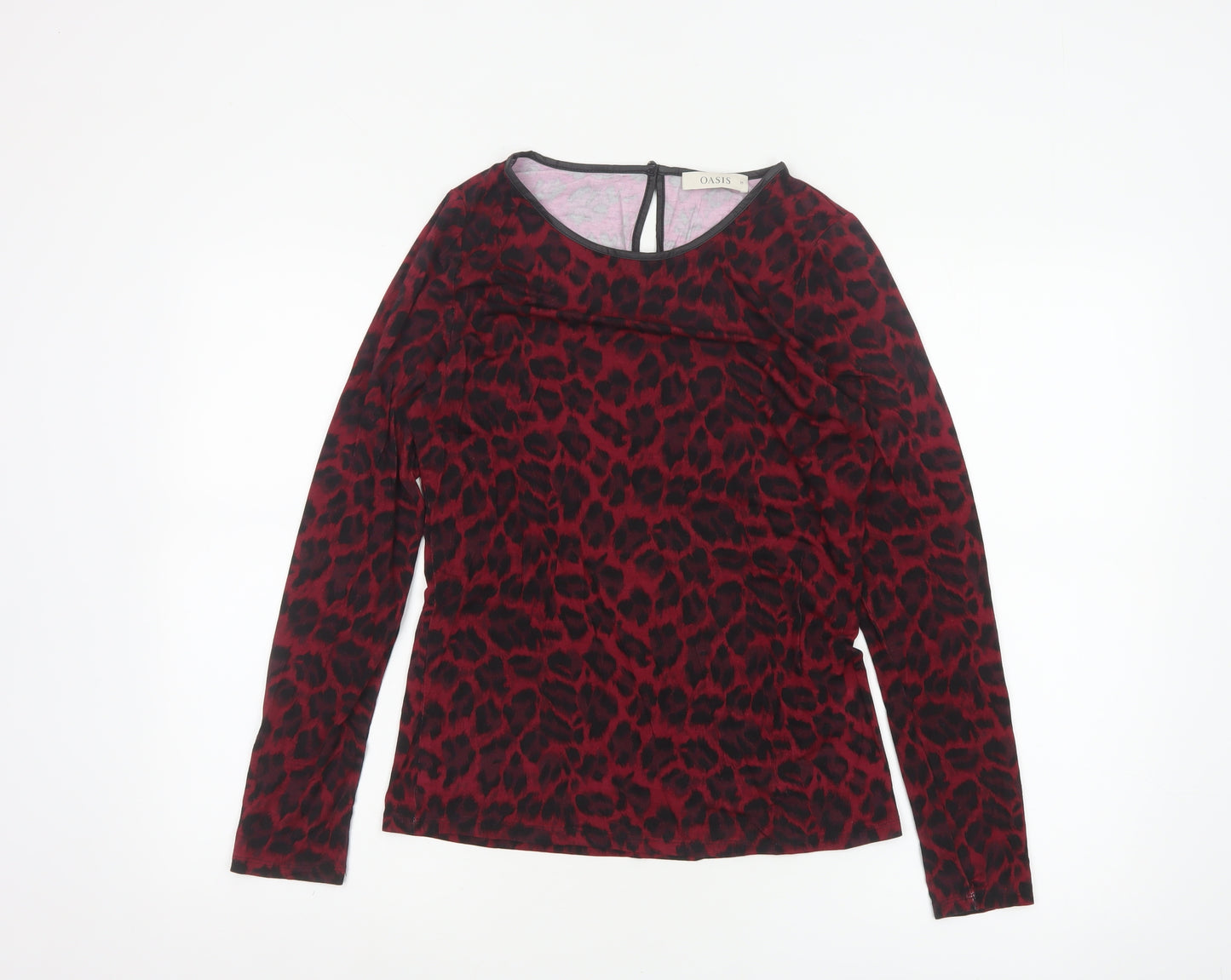 Oasis Women's Red Leopard Print Long Sleeve Jersey Blouse M