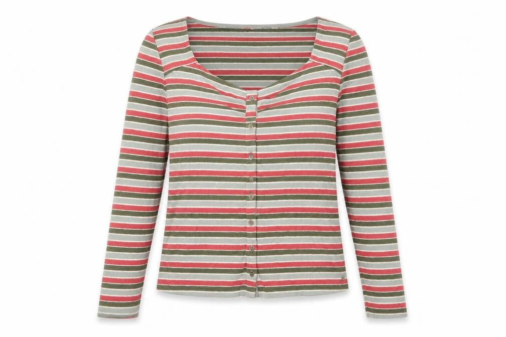 Front view of FatFace Women’s Multicoloured Striped Button-Up Top, size UK 14, Cotton Blend
