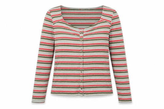 Front view of FatFace Women’s Multicoloured Striped Button-Up Top, size UK 14, Cotton Blend