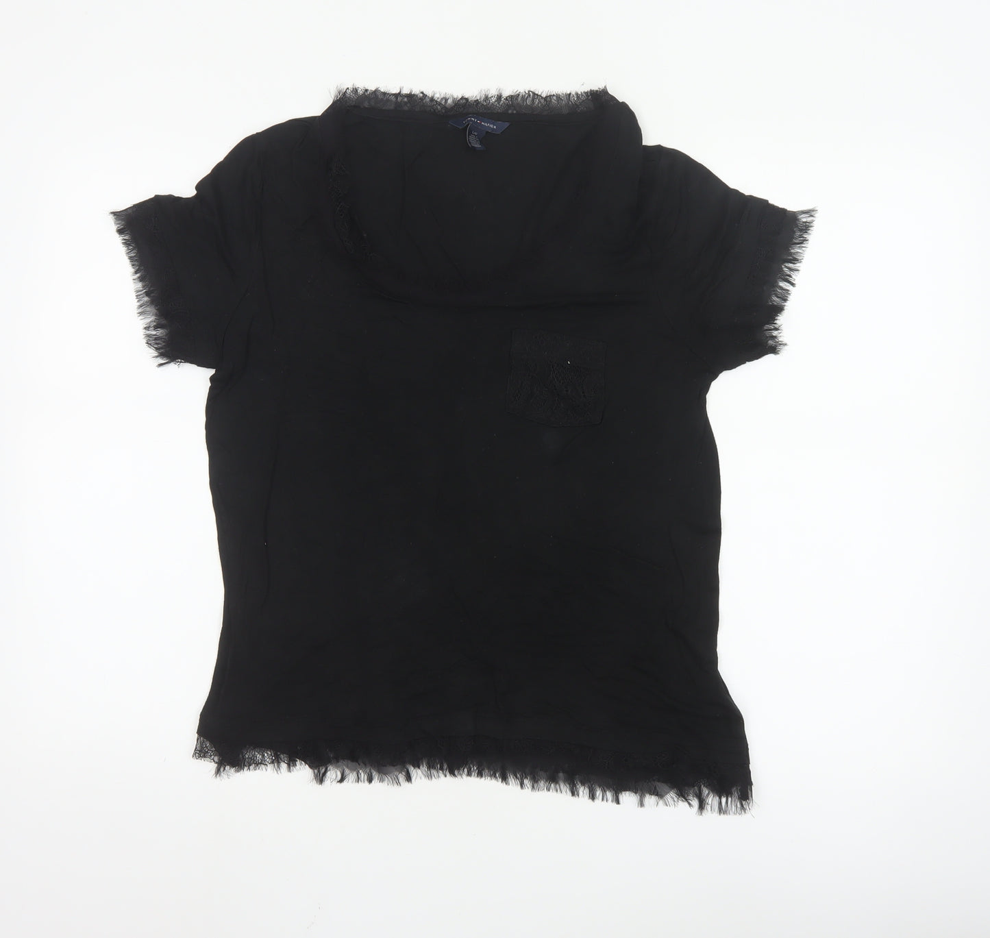 Tommy Hilfiger Women's Black Lyocell Lace Trim Short Sleeve Blouse L