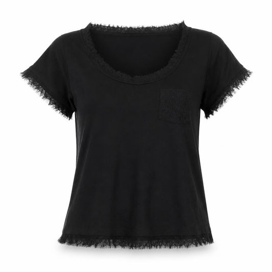 Front view of Tommy Hilfiger Women's Black Lyocell Lace Trim Short Sleeve Blouse L