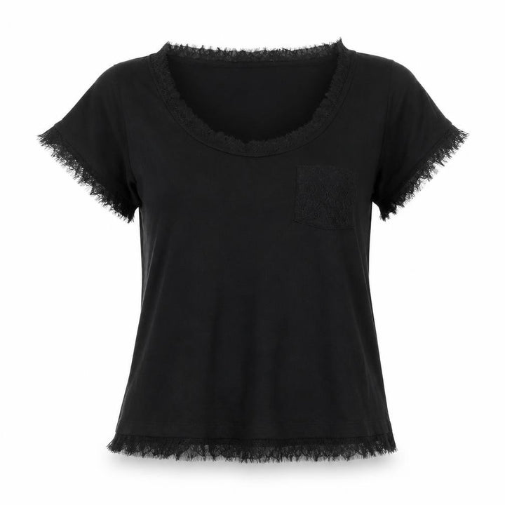 Tommy Hilfiger Women's Black Lyocell Lace Trim Short Sleeve Blouse L