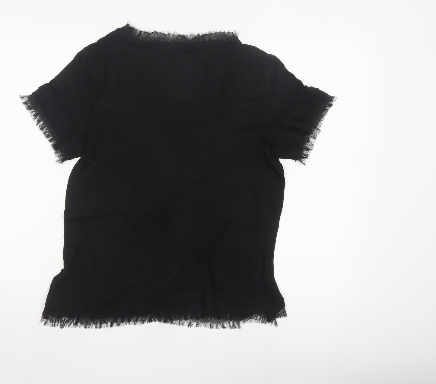 Tommy Hilfiger Women's Black Lyocell Lace Trim Short Sleeve Blouse L