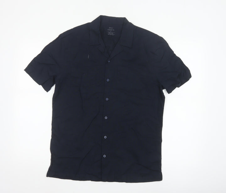 Marks and Spencer Men's Blue Linen Blend Regular Fit Short Sleeve Shirt S
