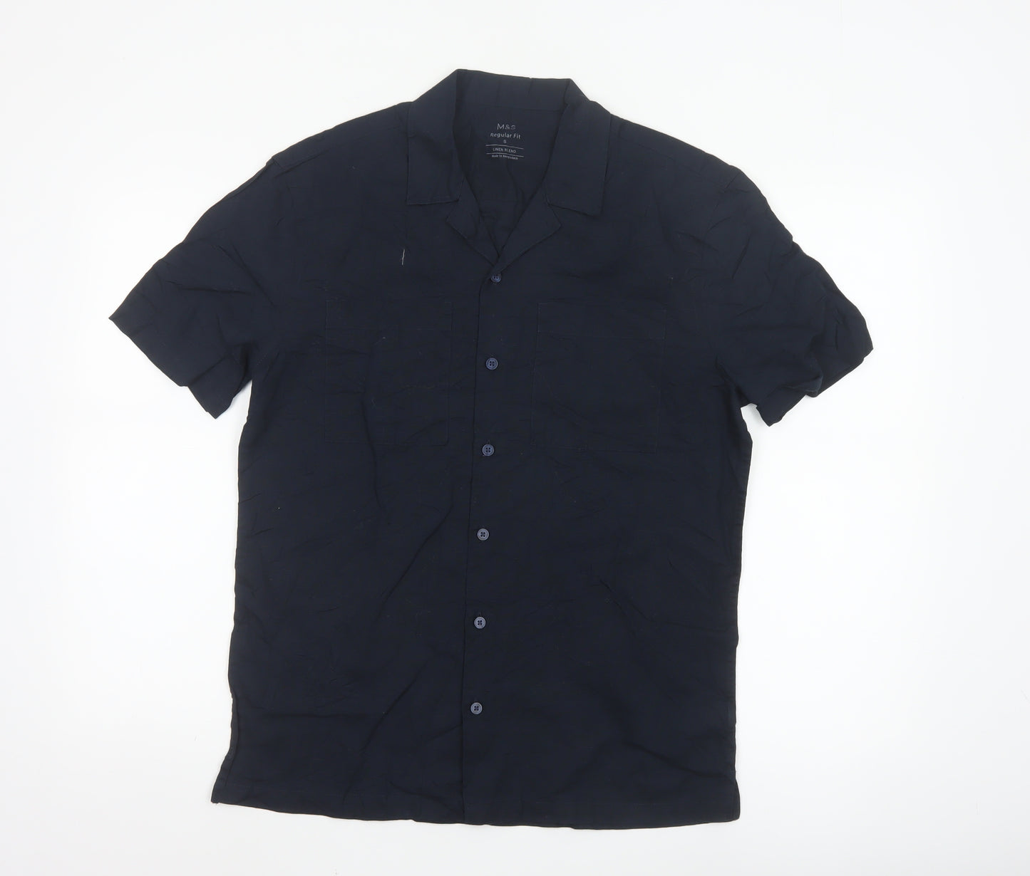 Marks and Spencer Men's Blue Linen Blend Regular Fit Short Sleeve Shirt S