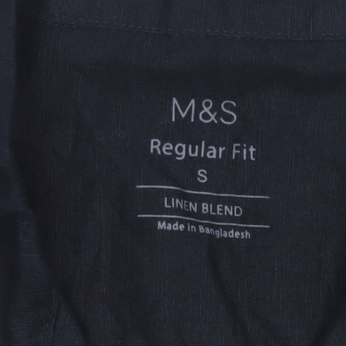 Marks and Spencer Men's Blue Linen Blend Regular Fit Short Sleeve Shirt S