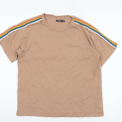 Bershka Womens Beige Rainbow Stripe Sleeve Cotton T-Shirt Size 12