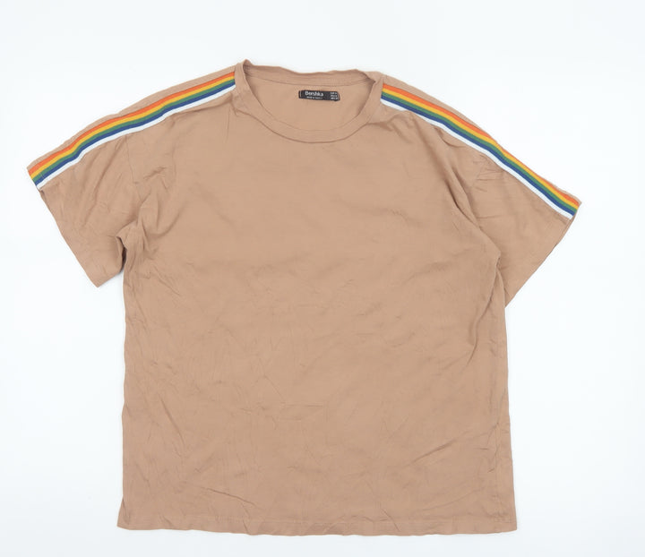 Bershka Womens Beige Rainbow Stripe Sleeve Cotton T-Shirt Size 12