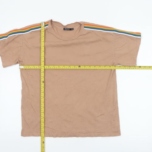 Bershka Womens Beige Rainbow Stripe Sleeve Cotton T-Shirt Size 12